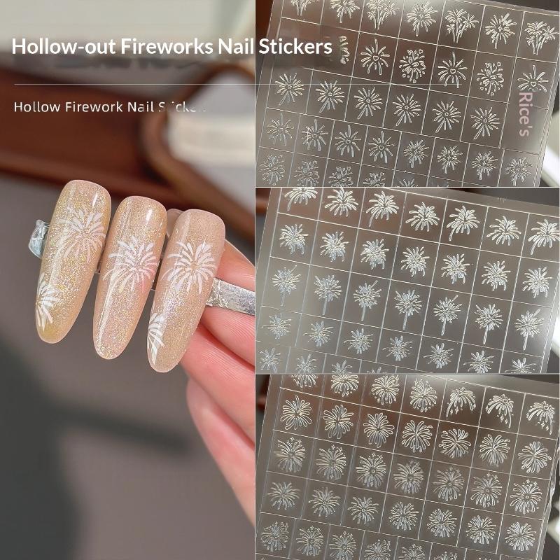 New Year Horse Fireworks Pattern Hollow Out Nail Art Stickers Colorful Nail Charm Template Stamp Manicure Decals Decoration