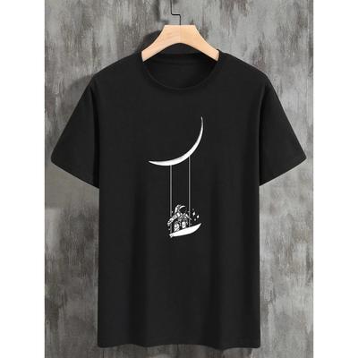 Astronaut Moon Swing Print Men's T-Shirt, 100% Cotton Crew Neck Short Sleeve Top, Spring Summer Menswear High Quality
