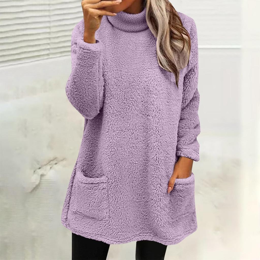Bluzy damskie z golfem jesienno-zimowe ciepłe swetry plus size tuniki pulowery topy z kieszeniami