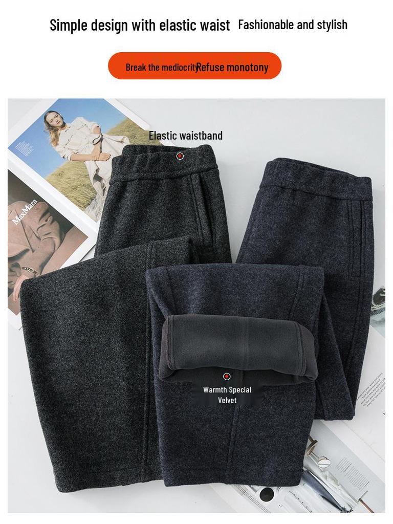 Women's Winter Thickened Velvet Wide-Leg Wool Pants - High Waist Slimming Casual Straight Leg Design.