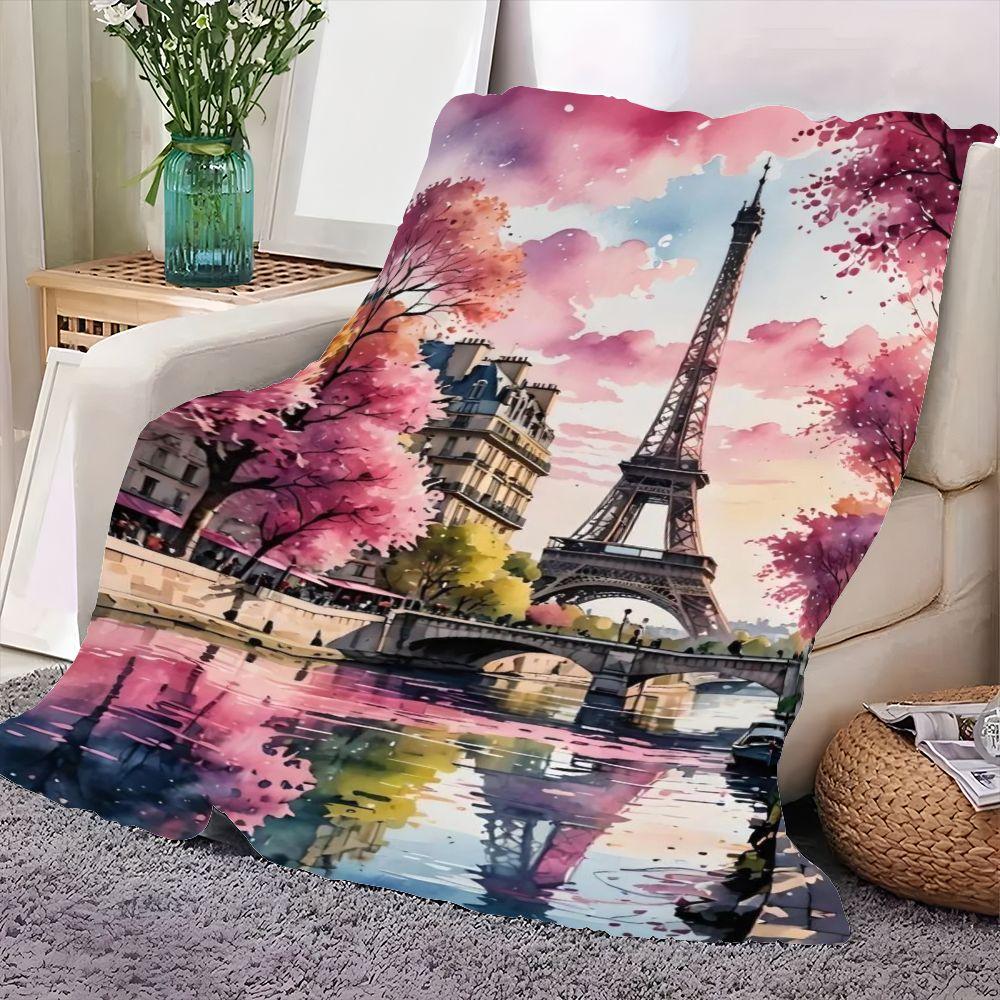 

Whimsical Paris Eiffel Tower Watercolor Blanket - Dreamy Cherry Blossom Spring Scene Throw - Soft Cozy Decor for Home, Perfect W 75x90cm