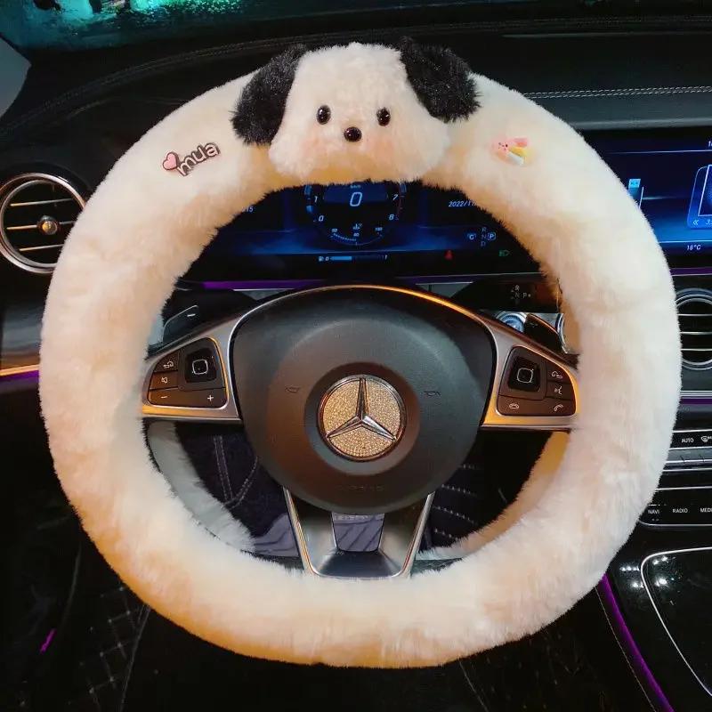 Winter Cute Pochacco Car Steering Wheel Cover Warm Plush Cartoon Anti Slip Handle Cover for Men and Women Cute Car Accessories