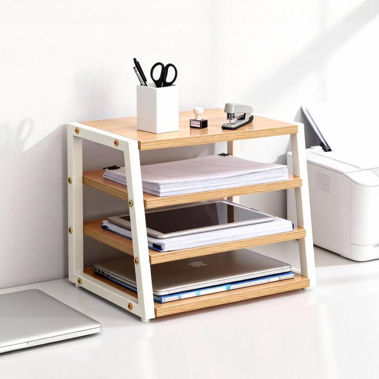 

ohbien Wooden Desktop Desk 37cm x 26cm x 30cm Desk Mini Stylish Storage White Wood Tone Rack, 4-Tier Organizer, (W) (D) (H), Shelf, Rack, Shelf,
