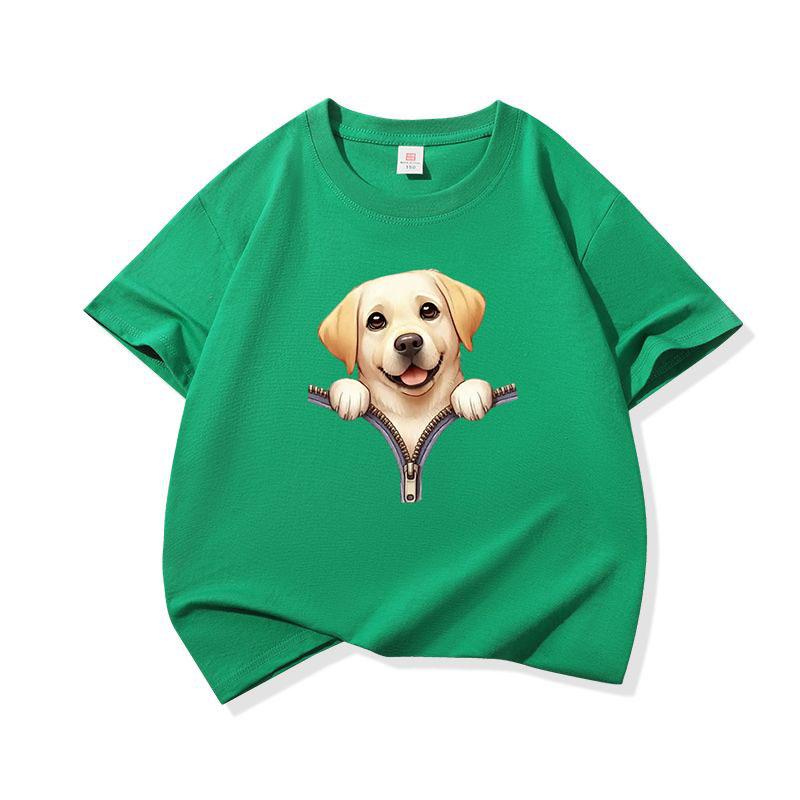 Kids Cotton T Shirt Cute Labrador Retriever Dog Zipper Print Crew Neck Short Sleeve Tee Casual Boys Girls Summer Tops