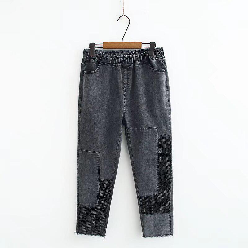 Spring 2022 Plus Size High Waist Rhinestone Embellished Denim Cropped Pants for Women