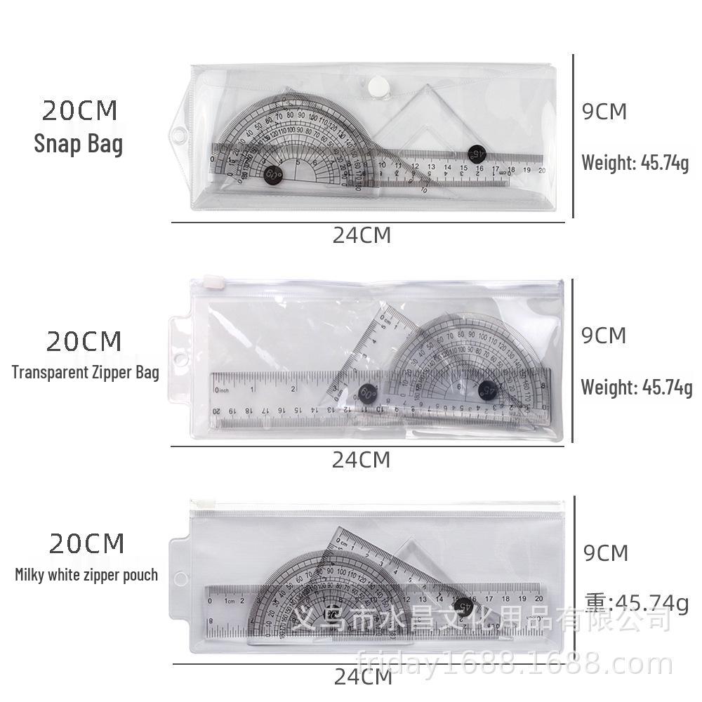 20cm Transparent Plastic Ruler Set with Zipper Case for Students Fully Transparent Zipper Bag