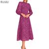 Women Casual Stand Collar Long Sleeve Lace Crochet Patchwork Long Dress