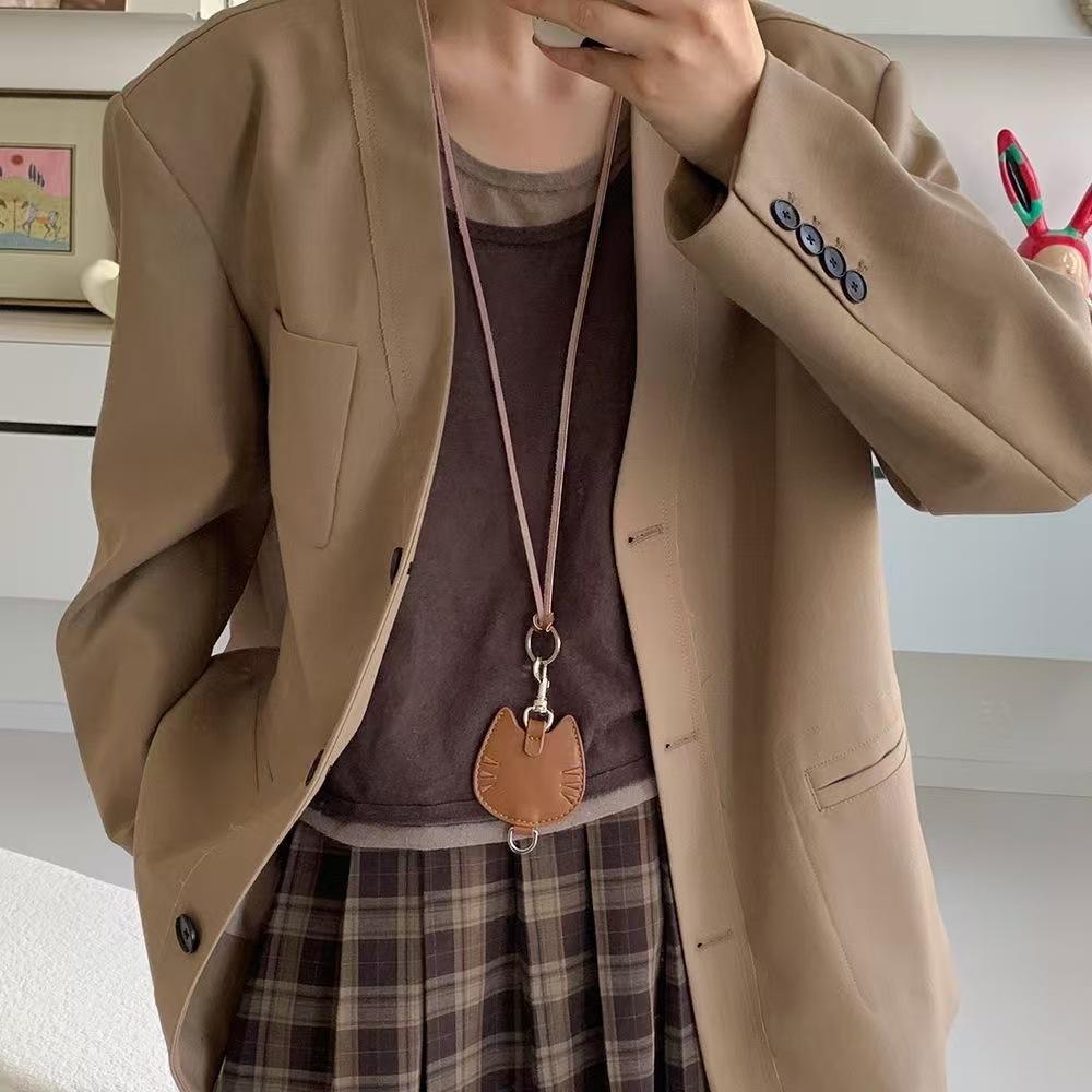 Mini Love Heart PU Leather Hanging Pendant Cute Cat Necklace Fashion Photo Cardholder Long Sweater Chain Accessories Women Men