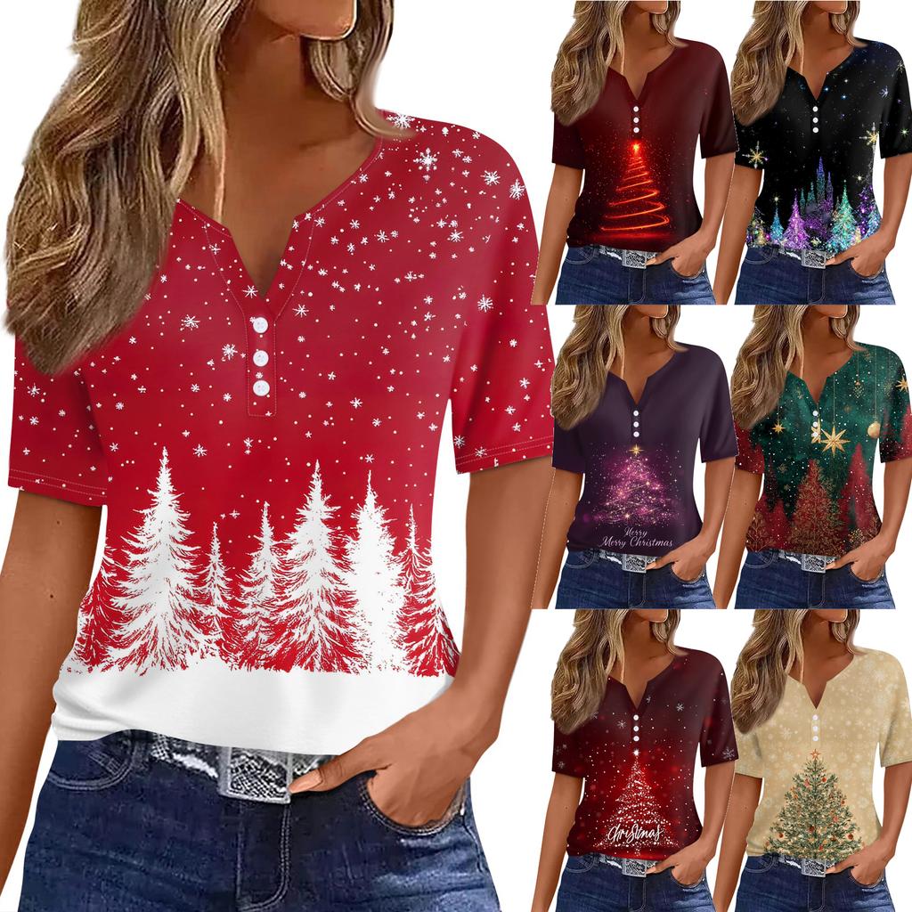 Women's T Shirt Christmas Print Button Short Sleeve Daily Weekend Fashion Basic V- Neck Regular Top