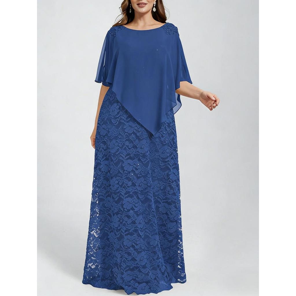 New Plus Size Women's Lace Evening Dress with Chiffon Shawl, Bodycon Formal Party Gown for European American
