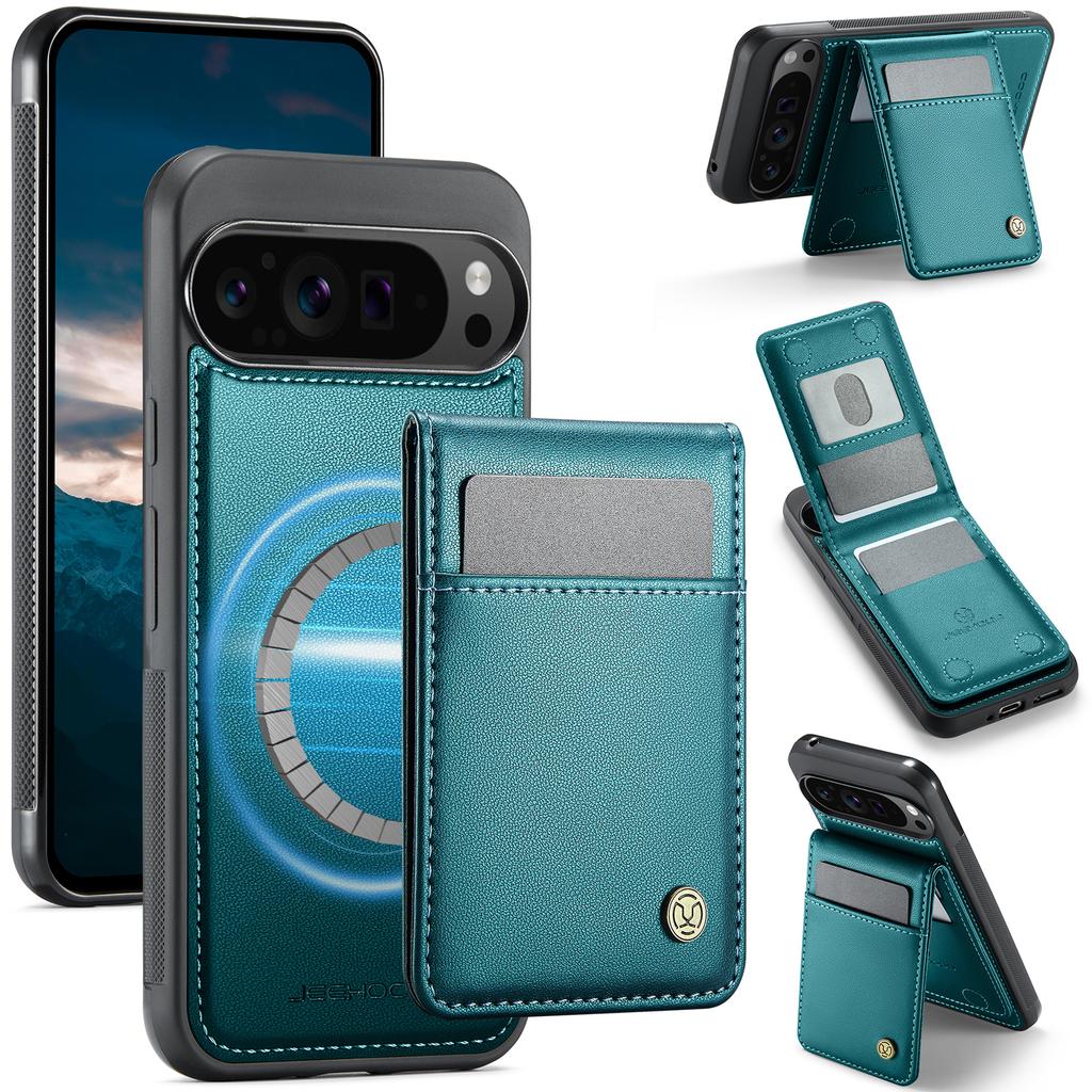 For Google Pixel 9 Pro XL Leather Back Cover Compatible with MagSafe JEEHOOD J06 Phone Case with Card Bag RFID Blocking