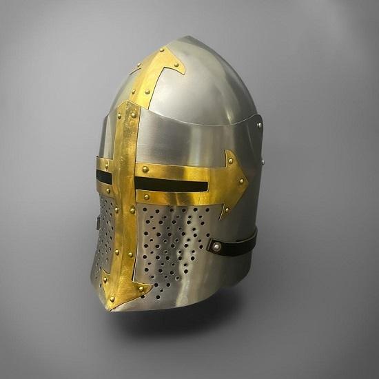 Brass and Steel Crusader Helmet Visored Trollkors