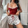 Women's 2 Piece Ribbed Pajama Set Sleeveless Lace Crop Cami Top And Tie Waist Shorts Set Summer Lounge Sleepwear Set