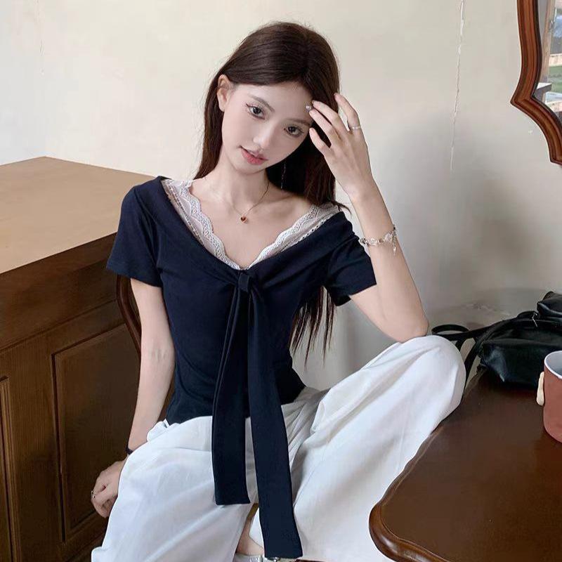 French V-Neck Lace Splicing Bow Strap Short Sleeve T-Shirt Women's Summer Niche Slim Bottom Top