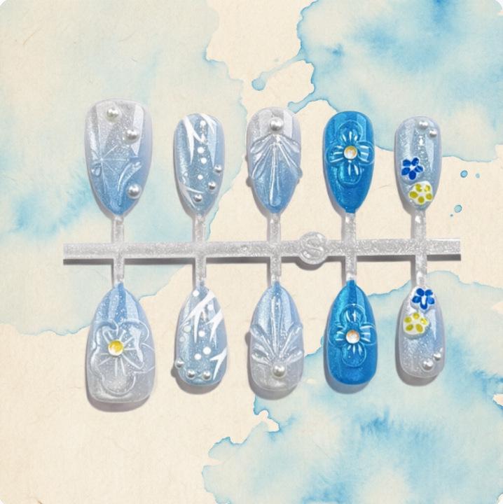 3D Blue Flower Carved Nail Art Stickers - Ocean Style for a Sweet and Cool Look