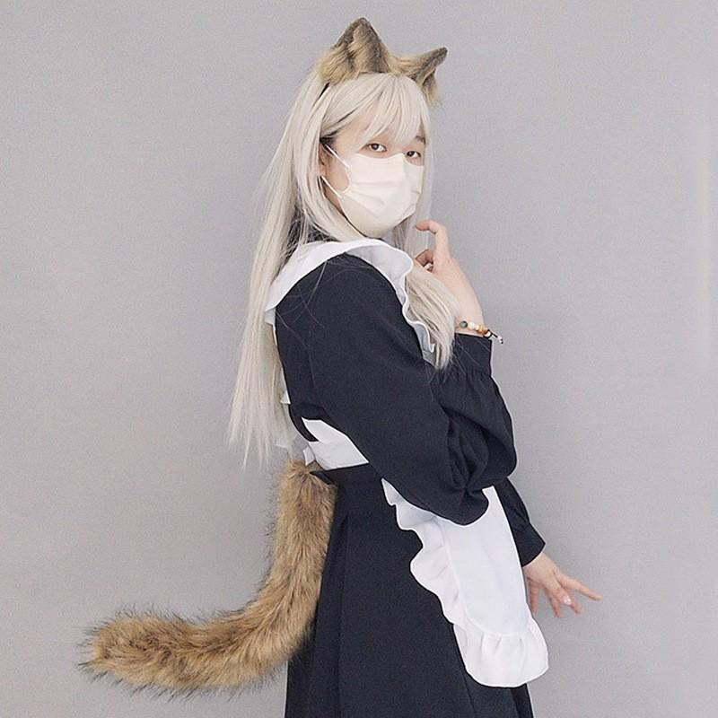 Plush Cat Ears Headband With Matching Tail Fingerless Paw Gloves Cosplay Set Anime Convention
