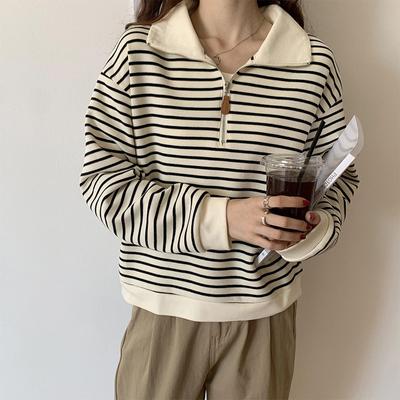 Early Autumn New Polo Collar Sweatshirt for Women, Versatile Design, Lazy Style Striped Lapel Long-sleeved Top Ins