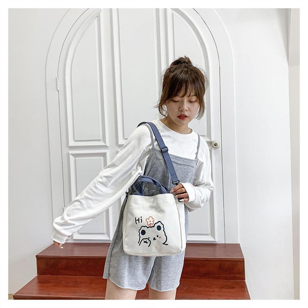 Huimei Women's Canvas Tote Bag, 2-Way Shoulder Bag, Cute Canvas Fabric, Large Capacity, Lightweight, Perfect for Commuting to Work or School (White A)