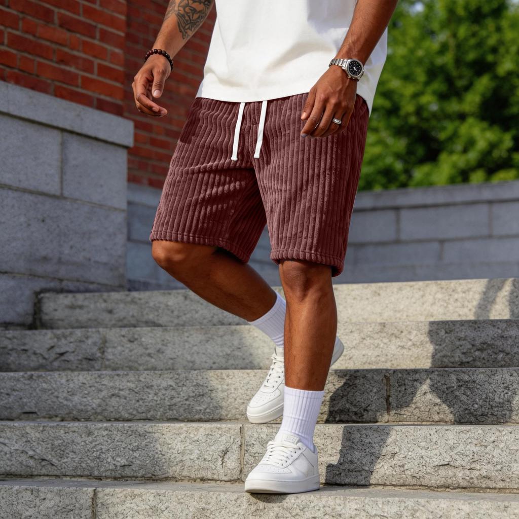 Mode Casual pour Hommes -Shorts en Velours Côtelé de Couleur Avec Broderie-, Shorts à Taille Élastique à Cordon de Serrage
