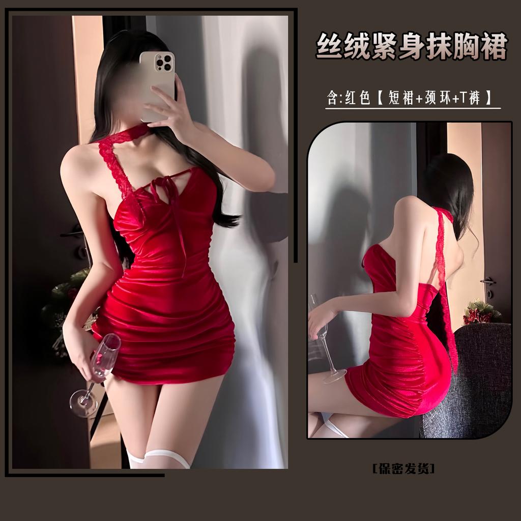 Man Yu original erotic underwear off-the-shoulder beautiful back red Christmas outfit tube top pleated pure desire hip skirt 8014