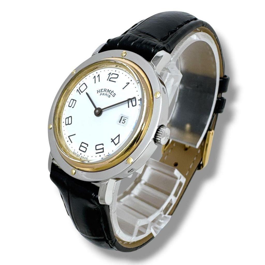 Used Hermes Clipper Combination Leather Belt Boys Men Women Watch HERMES Leather Belt White Dial Silver