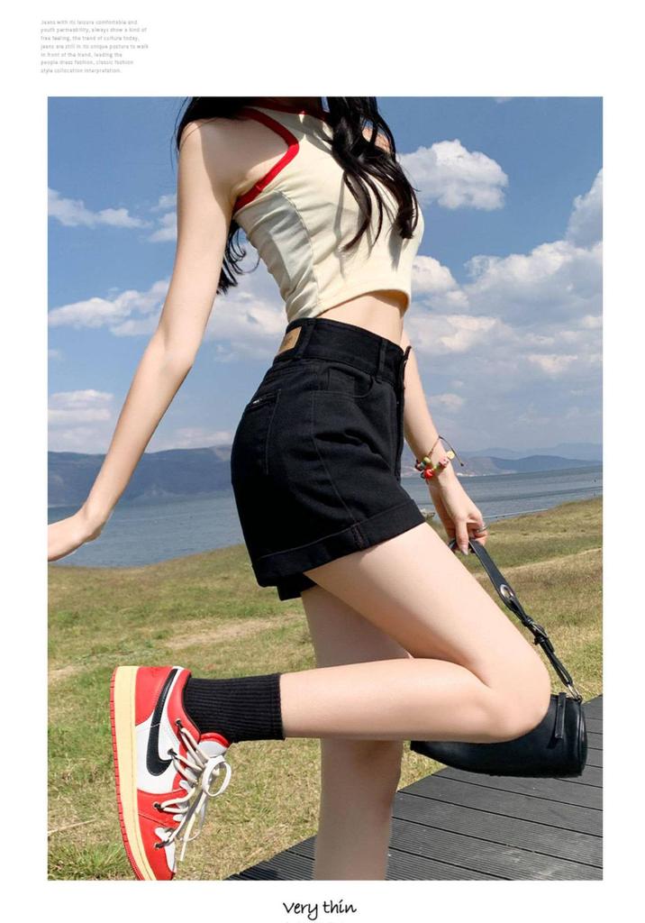 Women's Plus Size Black High-Waisted A-Line Denim Shorts - Rolled Hem, Loose Fit, Slimming Design for Pear Shape, Summer Style