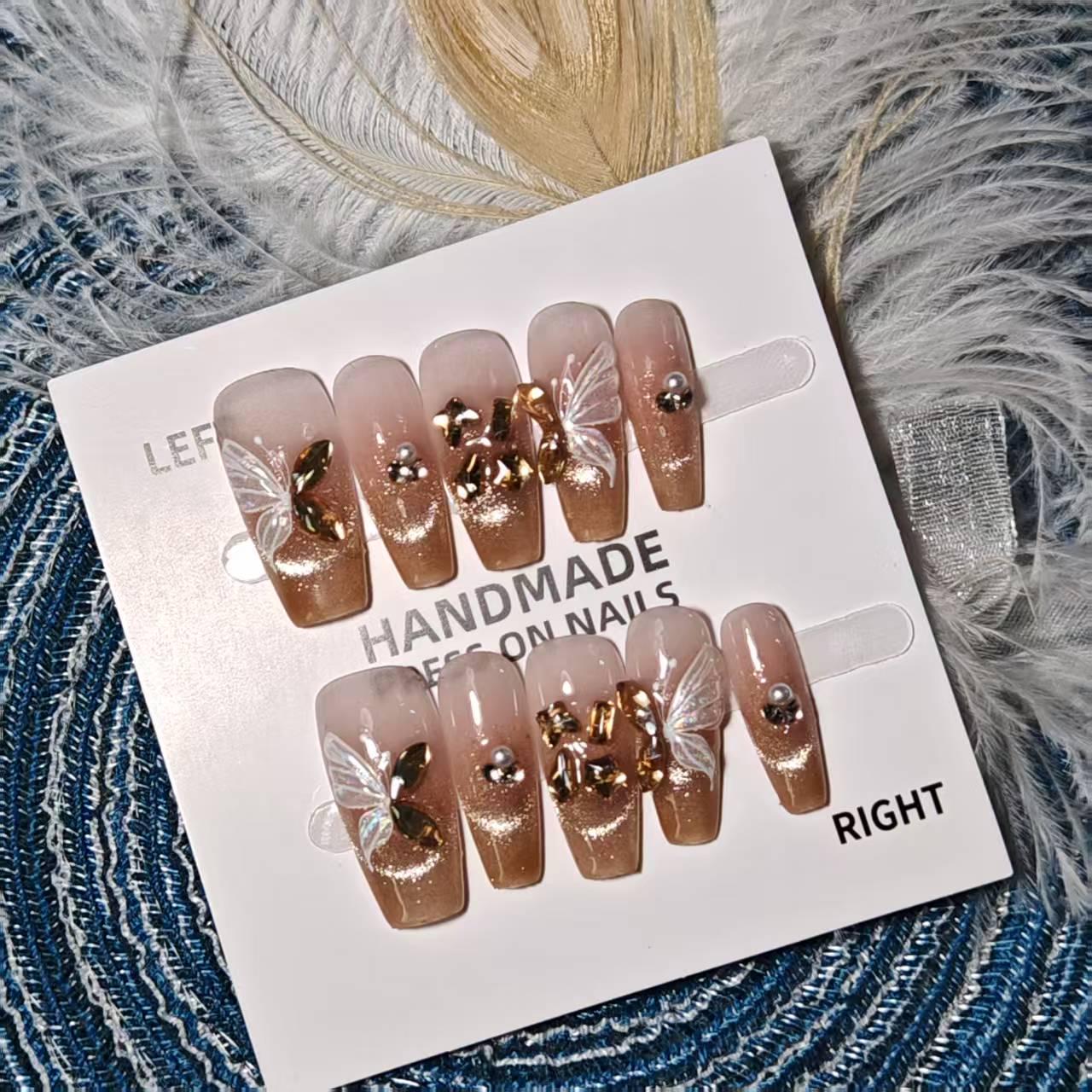 

Gold Glitter Butterfly Crystal Cat Eye Handmade Wearable False Nail Patches M