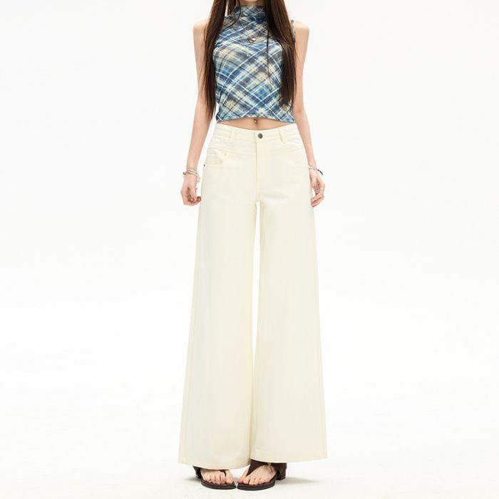 Spring Summer Off White Casual Relaxed Wide Leg Flare Denim Pants For Women Casual Pants Oversize Denim Trousers