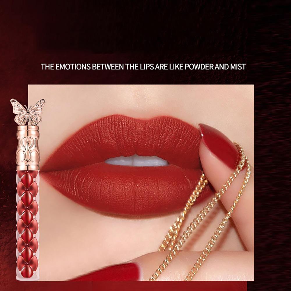 Samtmatter Lipgloss, wasserfest und langanhaltend, verblasst nicht leicht, aufhellender Lippenstift, Lippenschlamm, Schmetterlingsdesign