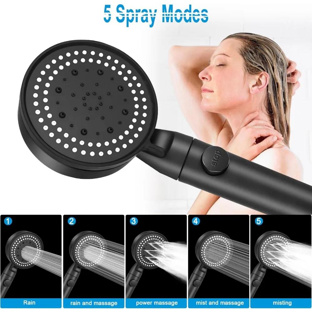 High Pressure Shower Head Showerheads with Hose Water Saving One-Key Stop Spray Nozzle Bathroom Accessories 5 Modes Adjustable
