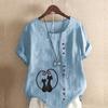 Damenmode Schwarze Katze bedrucktes Kurzarm-T-Shirt Locker Baumwollhemd Lässige lockere Sommerbluse Übergrößen-Tops