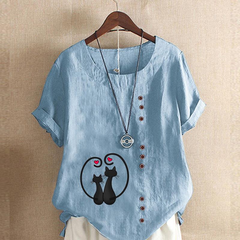 Damenmode Schwarze Katze bedrucktes Kurzarm-T-Shirt Locker Baumwollhemd Lässige lockere Sommerbluse Übergrößen-Tops