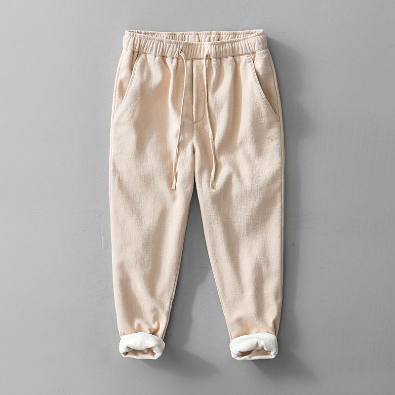 L8234 Men's Retro Loose Straight-Leg Cotton Pants - Warm Fleece-Lined, Drawstring, Long Fit