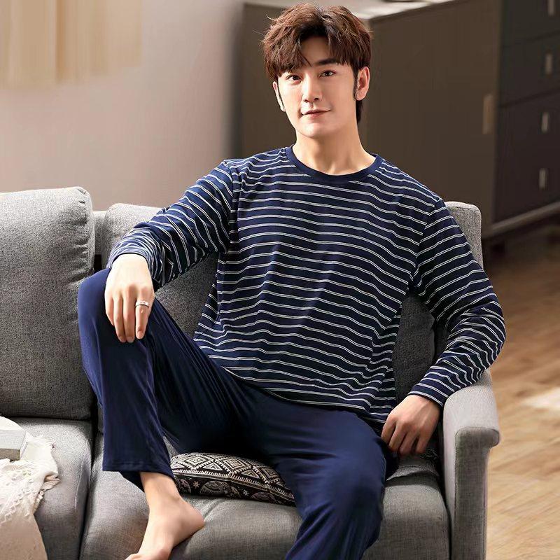 Men Pajamas Long-Sleeved Long Trousers Autumn and Winter Large Size Homewear Two-Piece Kit Sleepwear Loungewear Youth Nightwear