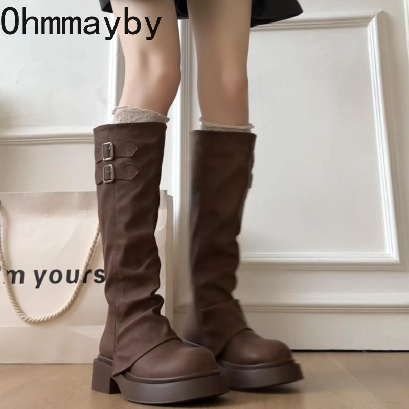 Winter Woman Knigth Knee-High Boots Street Style Thick Sole Belt Buckle Slip On Shoes Vintage Long Booties  De Muje