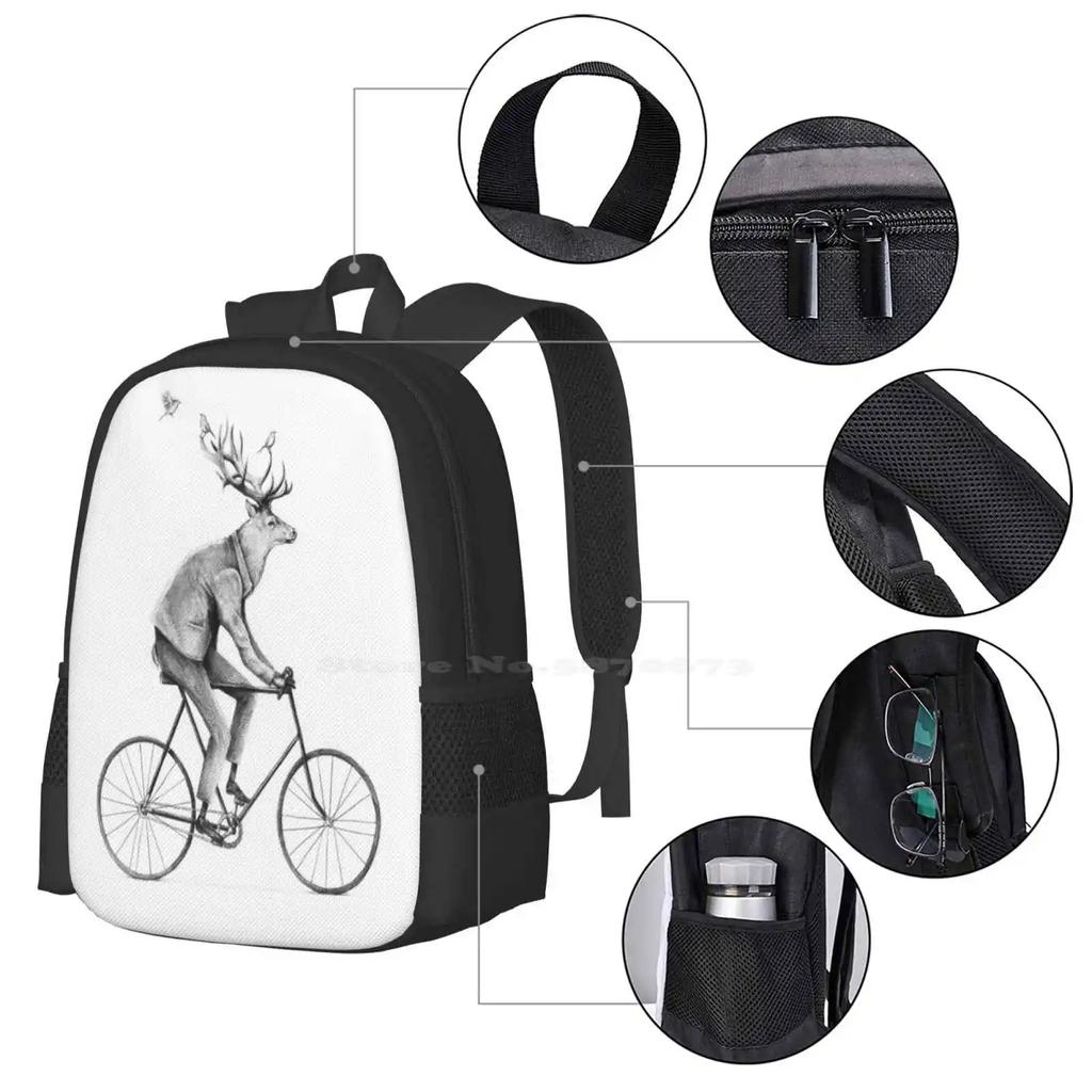 Even A Gentleman Rides Hot Sale Backpack Fashion Bags Wild Deer Animals Pencil Bike Bicycle Ride Birds Forest Woods Mountain