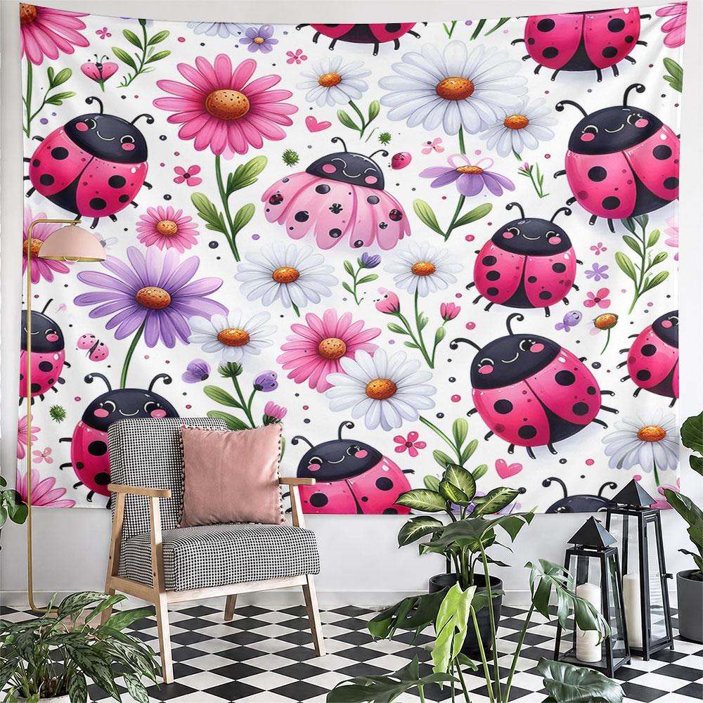 Cute Ladybugs and Colorful Flowers Pattern Wall Hanging Tapestry Decorative Tapestry Home Decor for Bedroom and Living Room