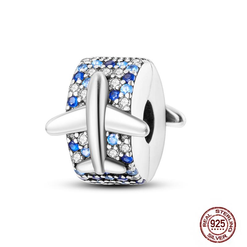 Round 925 Copper Clasp Pave Clip Charms Blue Star Moon Butterfly Slide Safety Chains Spacer Beads Fits Original Bracelet Zircon