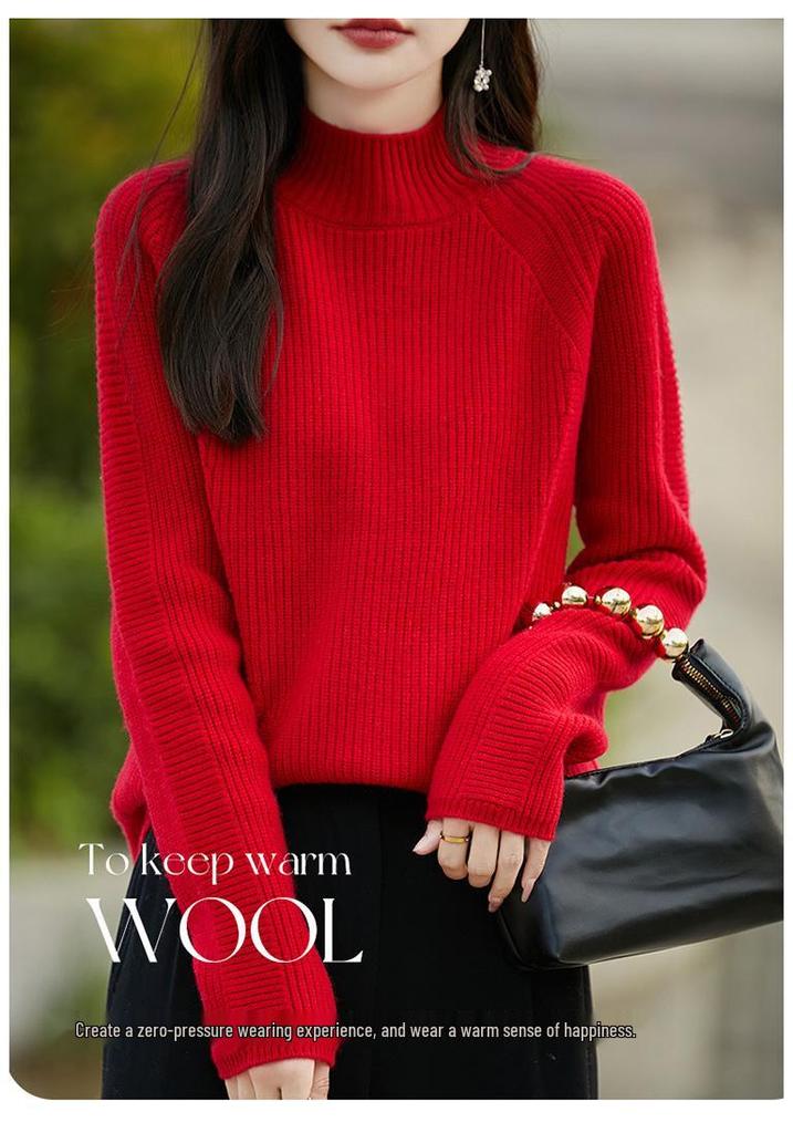 Benmingnian Women’s Heavyweight Pure Wool Cable Knit Sweater: Semi-High Neck, Extra Thick, Loose Fit, with Raglan Sleeves.