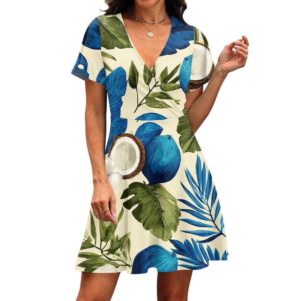 Women’s Short Sleeve V Neck Mini Dress with Leaf Print Casual Fit and Flare Style Lightweight Fabric for Daily Wear