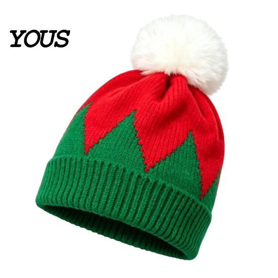 Casual Winter Accessories for Women Christmas Elf Hat, Cozy Knit Hat with Pom Soft Elastic Ribbed Pom, Stretchy Warm Skull Cap Outdoor Cold