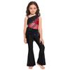 Girls Color Block Dance Jumpsuit Glittery Rhinestones Mesh Ruched Overlay Asymmetrical Bell Bottom Bodysuit