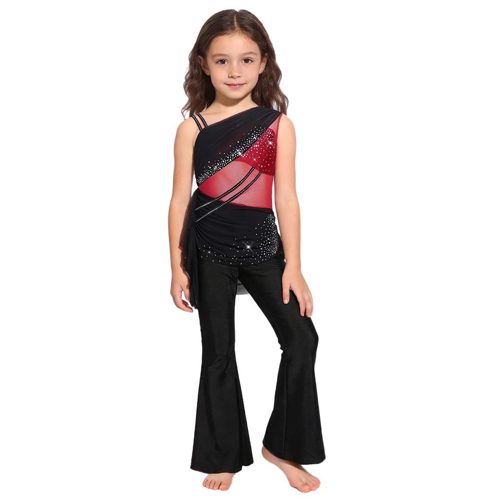 Girls Color Block Dance Jumpsuit Glittery Rhinestones Mesh Ruched Overlay Asymmetrical Bell Bottom Bodysuit
