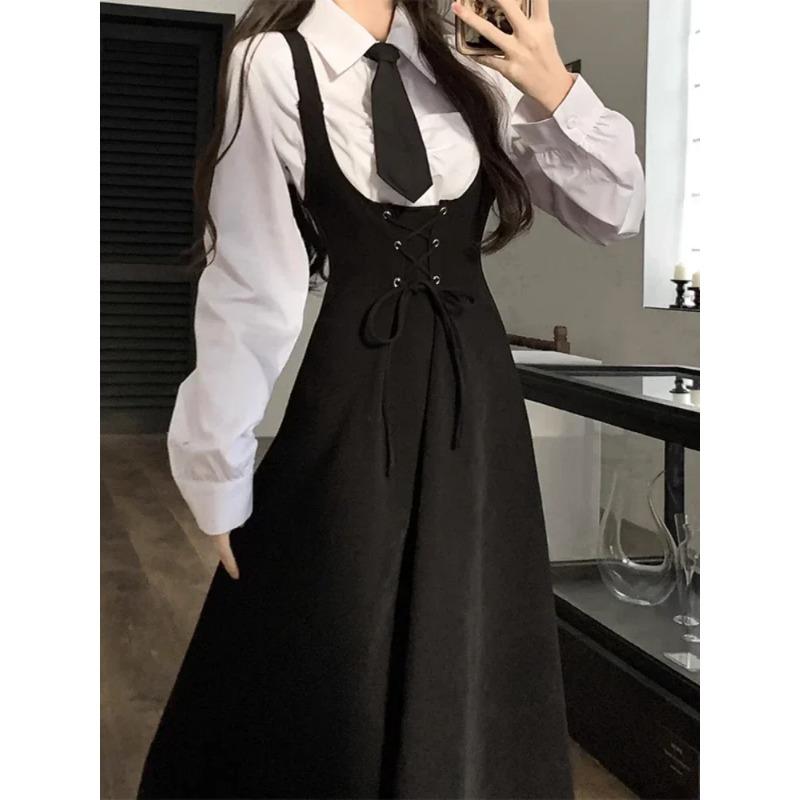 Set din două piese pentru femei, primăvară, vară și toamnă, cămașă albă cu rever + fustă vestă largă de lungime medie, cu centură