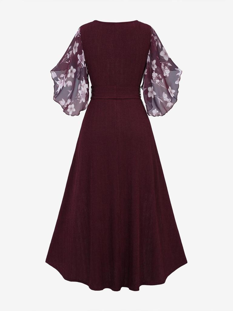 Rosegal Plus Size Flowers Print Heart Buckle Surplice Butterfly Sleeves Ribbed Textured Dress