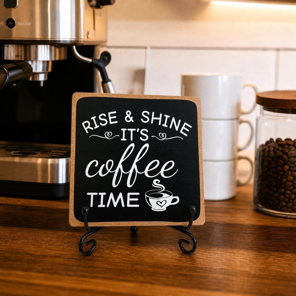 Rustic Wooden Coffee Time Sign with Metal Stand Farmhouse Style Tabletop Decorative Plaque for Kitchen Bathroom Home Decor