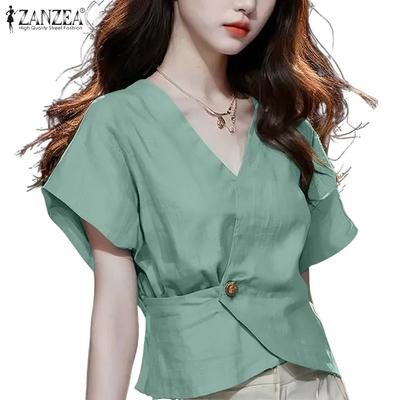 Damen Lässig V-Ausschnitt Locker Sommer Kurzarm Bluse