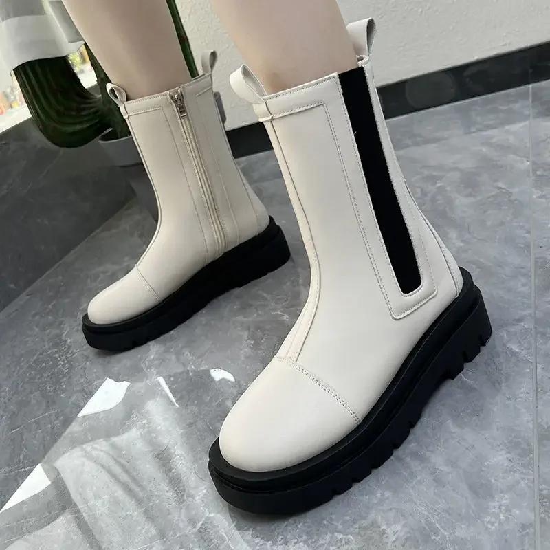 Fashion Winter 2024 Mid Calf Shoes Woman Trend Platform Goth Comfortable and Elegant Half High Boots for Women Demi-season Work Footwear