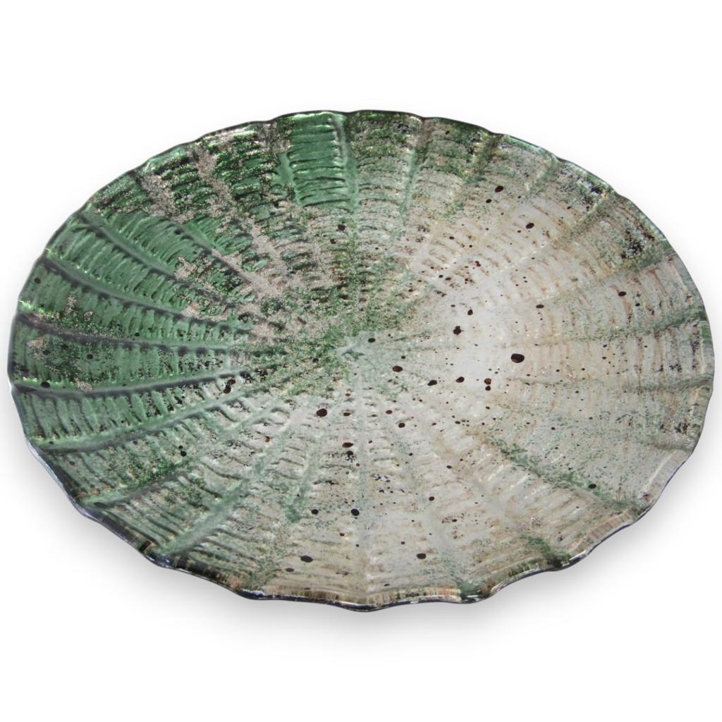 Large Round Glass Green and Sairan J-kitchens Plate, Gold, 25cm,