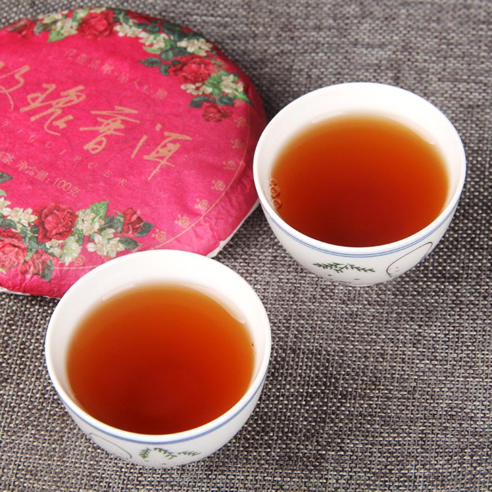 1. 100g Chinese Yunnan Pu'er Cooked Tea Rose Flavor Healthy Green Food 2. 100g Yunnan Pu'er Tea Cooked Rose Health Green Food Promotion
